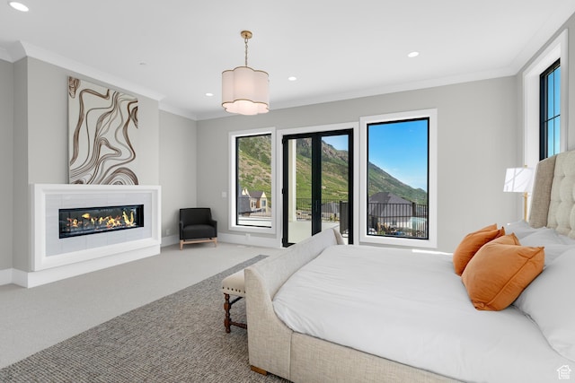 3851 W Box Elder Cir, Alpine, UT 84004 - bedroom with ornamental molding, carpet floors, recessed lighting, access to exterior, and baseboards