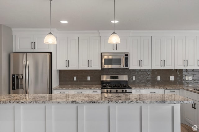 1754 E Cedar Trails Way, Eagle Mountain, UT 84005 - kitchen with stainless steel appliances, white cabinets, pendant lighting, tasteful backsplash, and recessed lighting