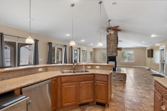 1754 E Cedar Trails Way, Eagle Mountain, UT 84005 - kitchen featuring a sink, dishwasher, ceiling fan, vaulted ceiling, and open floor plan