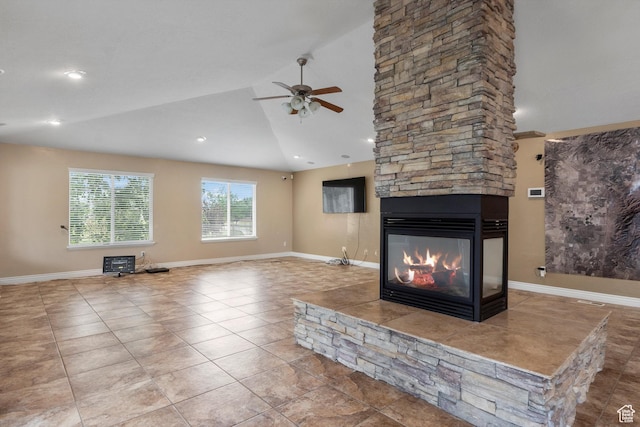 1754 E Cedar Trails Way, Eagle Mountain, UT 84005 - unfurnished living room featuring ceiling fan, a fireplace, vaulted ceiling, tile patterned flooring, and recessed lighting