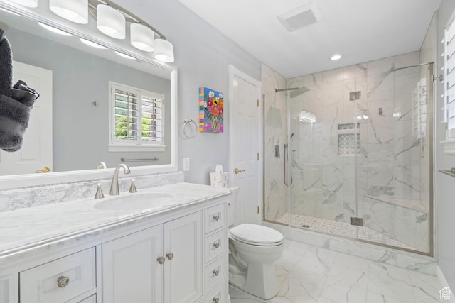 4715 S 1500 E, Ogden, UT 84403 - full bath featuring a marble finish shower, toilet, marble look tile flooring, vanity, and recessed lighting