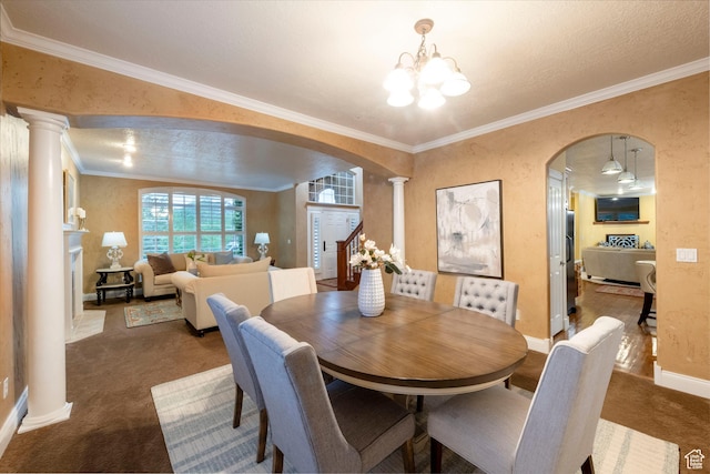 13279 S Berry Ln, Draper, UT 84020 - carpeted dining area featuring arched walkways, ornate columns, a chandelier, and crown molding