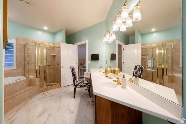13279 S Berry Ln, Draper, UT 84020 - bathroom featuring double vanity, a garden tub, a shower stall, and a chandelier