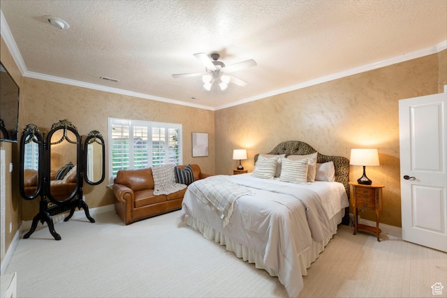 13279 S Berry Ln, Draper, UT 84020 - bedroom featuring light carpet, ornamental molding, baseboards, ceiling fan, and a textured ceiling