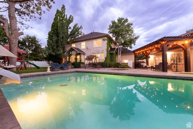 13279 S Berry Ln, Draper, UT 84020 - swimming pool featuring a playground, a gazebo, a water slide, and a patio area