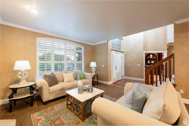 13279 S Berry Ln, Draper, UT 84020 - living area with baseboards, ornamental molding, carpet, and stairway