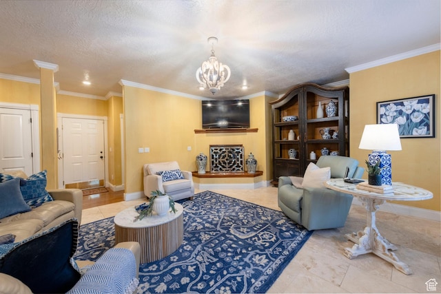 13279 S Berry Ln, Draper, UT 84020 - tiled living room with baseboards, a textured ceiling, a chandelier, and crown molding