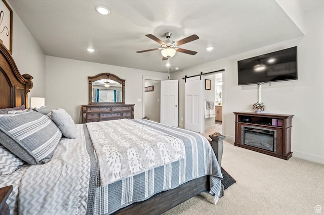 4488 S Haven Creek Rd W Unit 25D, West Haven, UT 84401 - bedroom featuring a barn door, recessed lighting, baseboards, light colored carpet, and a ceiling fan