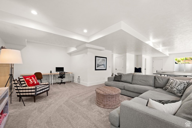 12387 Timberline Dr Unit 53, Highland, UT 84003 - living room featuring carpet flooring, baseboards, a desk, and recessed lighting