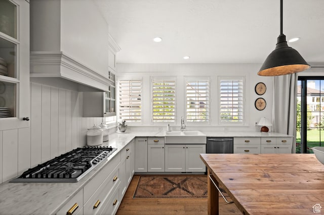 12387 Timberline Dr Unit 53, Highland, UT 84003 - kitchen with wood counters, appliances with stainless steel finishes, a sink, dark wood-style floors, and recessed lighting