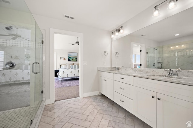 12387 Timberline Dr Unit 53, Highland, UT 84003 - full bathroom with ensuite bath, a ceiling fan, double vanity, a shower stall, and recessed lighting