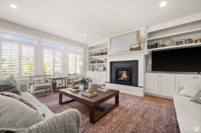 12387 Timberline Dr Unit 53, Highland, UT 84003 - living area featuring a glass covered fireplace, light wood-style flooring, recessed lighting, and built in shelves