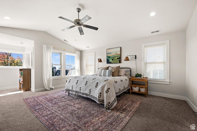 12387 Timberline Dr Unit 53, Highland, UT 84003 - bedroom with carpet, multiple windows, lofted ceiling, baseboards, and recessed lighting