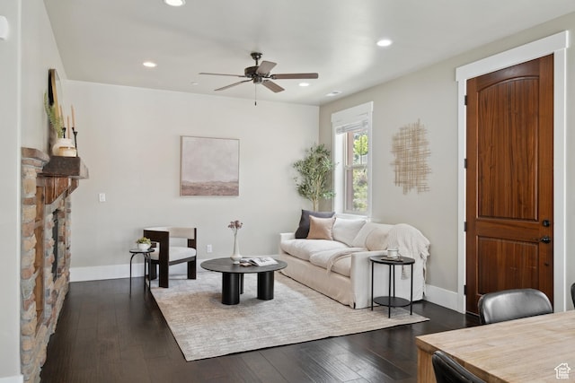 13609 N Hill Climb Ln, Kamas, UT 84036 - living room featuring a ceiling fan, baseboards, recessed lighting, and dark wood-style flooring