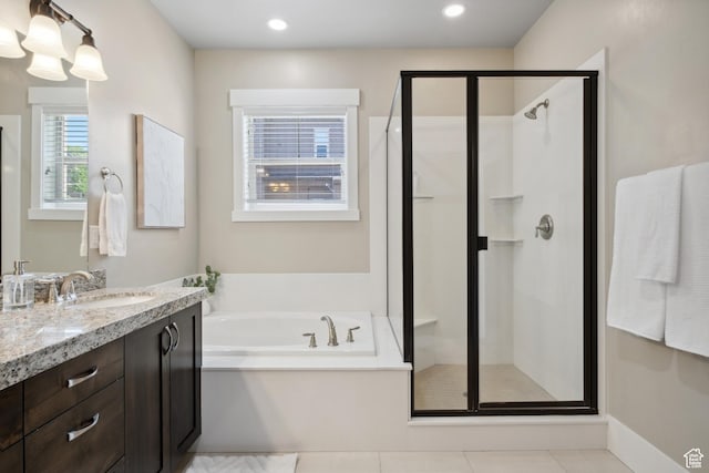 13609 N Hill Climb Ln, Kamas, UT 84036 - full bath featuring a garden tub, a stall shower, vanity, and tile patterned flooring