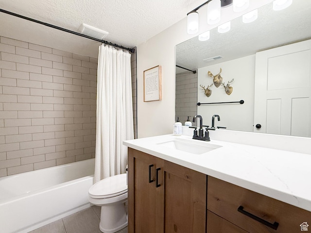 1852 N 4100 W, Plain City, UT 84404 - bathroom with a textured ceiling, vanity, toilet, shower / tub combo with curtain, and tile patterned floors