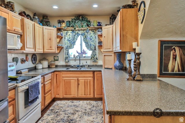 692 E 5020 N, Enoch, UT 84721 - kitchen with white appliances, a sink, open shelves, dark countertops, and recessed lighting