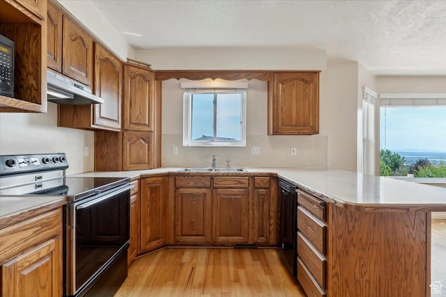 497 E 3525 N, North Ogden, UT 84414 - kitchen with black appliances, under cabinet range hood, a peninsula, a sink, and light wood-style floors