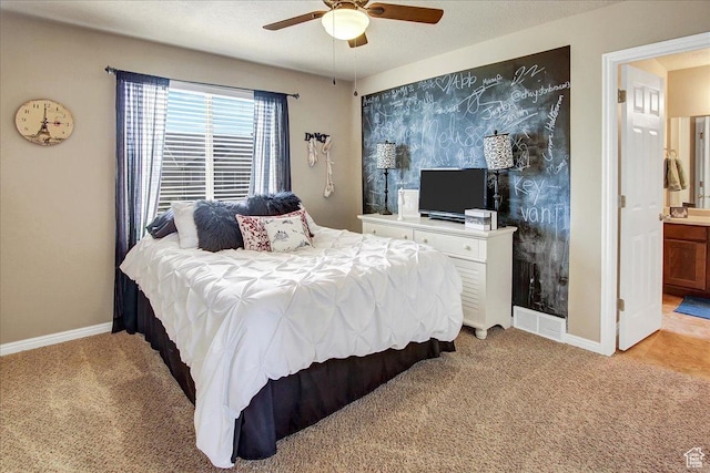 2118 W Foxwood St, West Haven, UT 84401 - bedroom featuring light carpet, baseboards, a ceiling fan, and ensuite bathroom