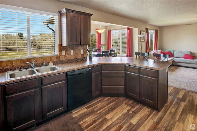2118 W Foxwood St, West Haven, UT 84401 - kitchen featuring dishwasher, a peninsula, open floor plan, a sink, and dark wood-style flooring