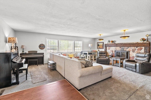 125 W 300 S, Ephraim, UT 84627 - living room with wood finished floors, a textured ceiling, and a fireplace