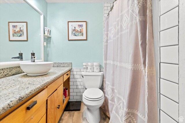 125 W 300 S, Ephraim, UT 84627 - bathroom featuring vanity, toilet, tile walls, wood finished floors, and wainscoting