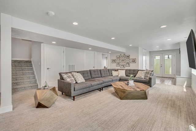 207 S Summer Breeze Ln, Layton, UT 84041 - living room featuring baseboards, recessed lighting, stairs, and light carpet
