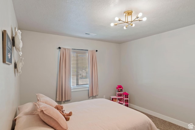 4827 N Sage Dr, Eagle Mountain, UT 84005 - bedroom with a chandelier, carpet, baseboards, and a textured ceiling
