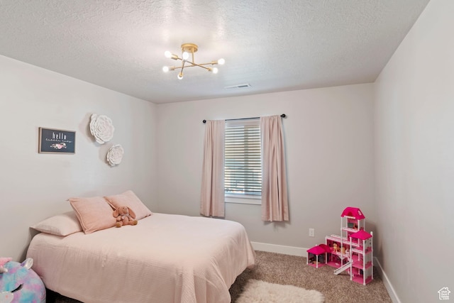 4827 N Sage Dr, Eagle Mountain, UT 84005 - bedroom with carpet, a chandelier, baseboards, and a textured ceiling