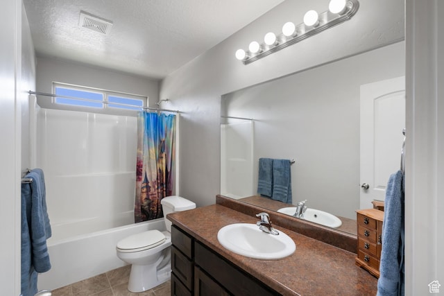 78 W Wildflower Dr, Saratoga Springs, UT 84045 - bathroom with vanity, a textured ceiling, toilet, shower / bathtub combination with curtain, and tile patterned floors