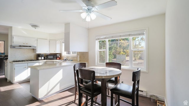 143 E 100 N, Gunnison, UT 84634 - kitchen with black microwave, under cabinet range hood, a peninsula, and backsplash