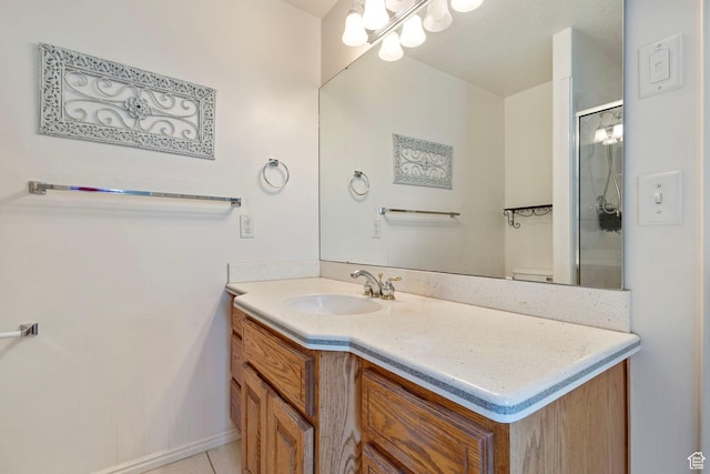 1202 N 2155 W, Clinton, UT 84015 - bathroom with vanity, an enclosed shower, toilet, tile patterned floors, and baseboards