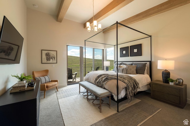 6650 Golden Bear Loop, Park City, UT 84098 - bedroom with beamed ceiling, access to exterior, carpet flooring, a chandelier, and baseboards