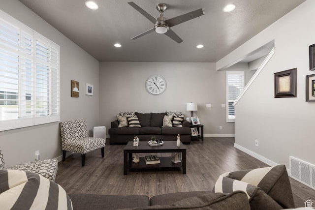 7709 N Seabiscuit Rd, Eagle Mountain, UT 84005 - living room featuring ceiling fan, recessed lighting, wood finished floors, and baseboards