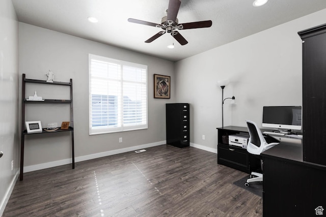 7709 N Seabiscuit Rd, Eagle Mountain, UT 84005 - home office featuring dark wood-style flooring, a ceiling fan, baseboards, and recessed lighting
