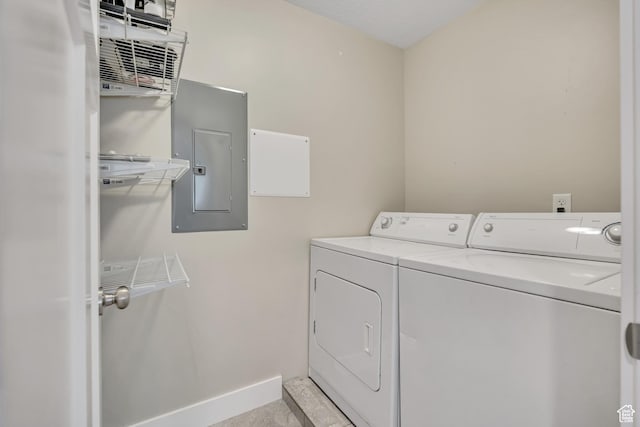133 E Commonwealth Ave S, South Salt Lake, UT 84115 - laundry area featuring electric panel, washing machine and clothes dryer, and baseboards