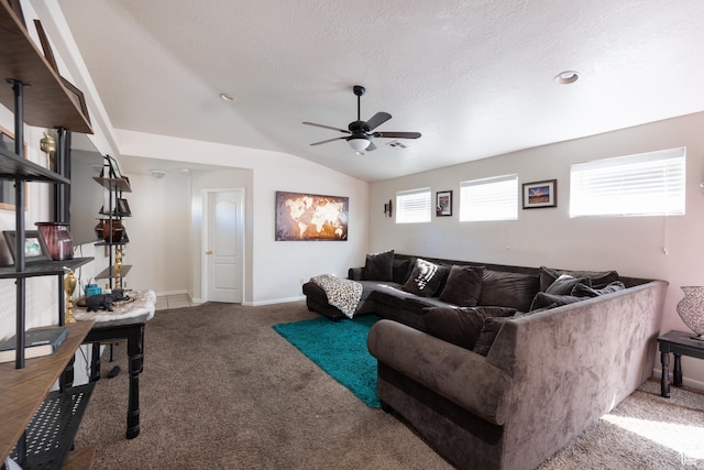 2056 E Middleton Clb, St George, UT 84770 - carpeted living room featuring ceiling fan, vaulted ceiling, a textured ceiling, and baseboards
