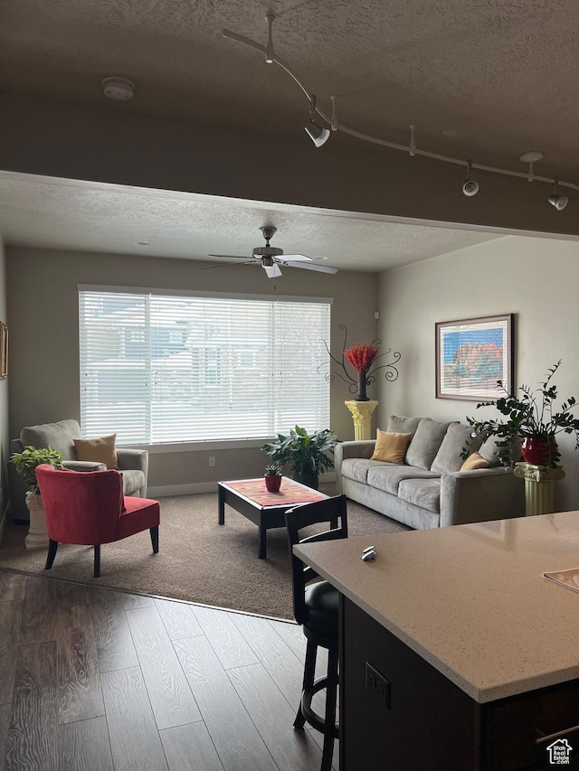 9681 S Zakro Ln, South Jordan, UT 84095 - living room with a textured ceiling, wood finished floors, and ceiling fan