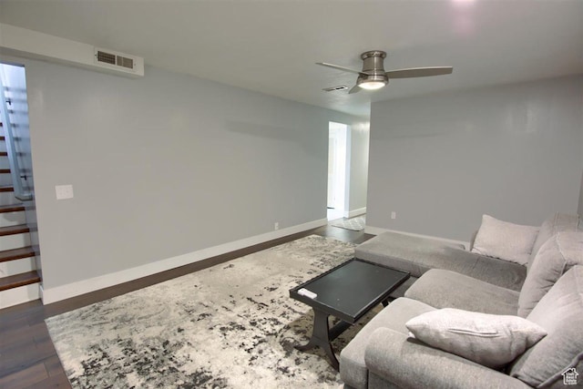 3600 S 6580 W, West Valley City, UT 84128 - living room featuring a ceiling fan, baseboards, stairs, and dark wood finished floors