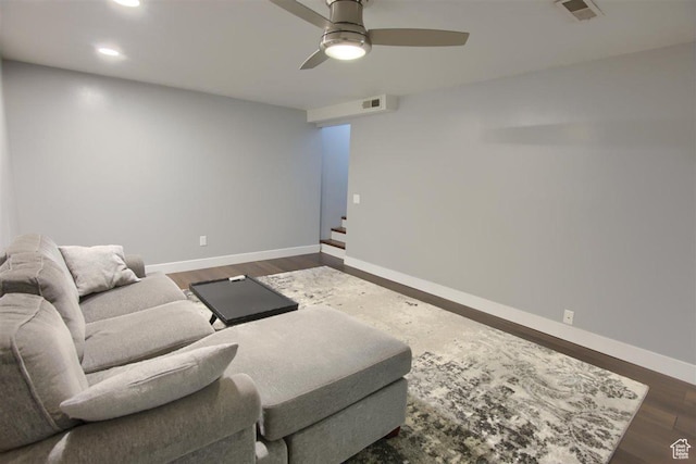 3600 S 6580 W, West Valley City, UT 84128 - living room featuring baseboards, a ceiling fan, dark wood finished floors, recessed lighting, and stairway