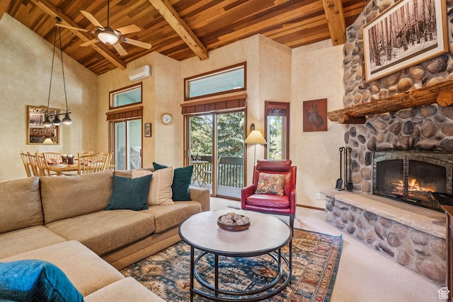 1709 Lakeside Cir, Park City, UT 84060 - living room featuring wood ceiling with exposed beams, high vaulted ceiling, ceiling fan, carpet, and a stone fireplace