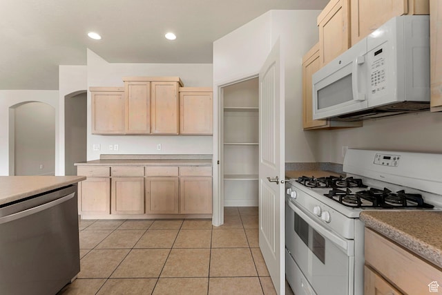 4236 N 2375 W, Cedar City, UT 84721 - kitchen featuring white appliances, light brown cabinets, light tile patterned floors, recessed lighting, and light countertops