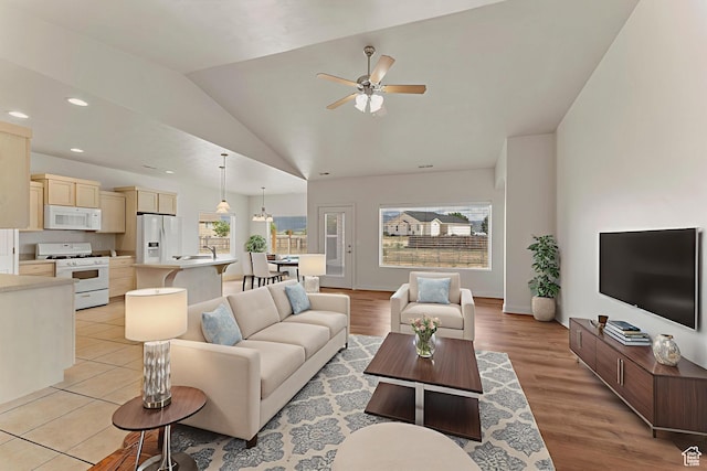 4236 N 2375 W, Cedar City, UT 84721 - living room with ceiling fan, lofted ceiling, recessed lighting, and light wood-style floors