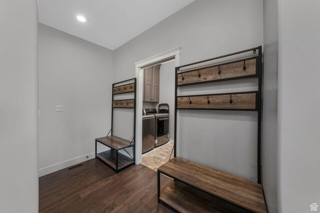 6035 Hidden Valley Rd, Mountain Green, UT 84050 - mudroom featuring separate washer and dryer, dark wood finished floors, baseboards, and recessed lighting