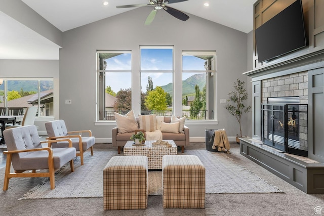 6035 Hidden Valley Rd, Mountain Green, UT 84050 - living room featuring carpet flooring, plenty of natural light, a ceiling fan, lofted ceiling, and recessed lighting