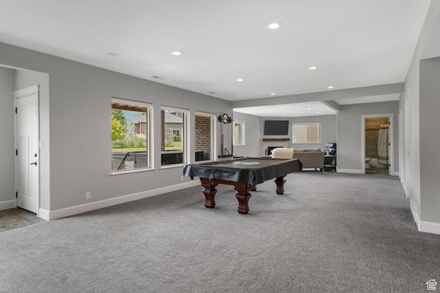 6035 Hidden Valley Rd, Mountain Green, UT 84050 - playroom with billiards, baseboards, carpet, and recessed lighting