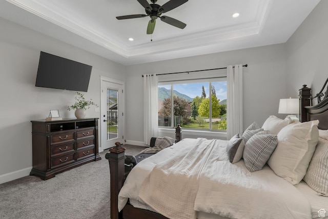 6035 Hidden Valley Rd, Mountain Green, UT 84050 - carpeted bedroom featuring a tray ceiling, access to exterior, baseboards, recessed lighting, and a ceiling fan