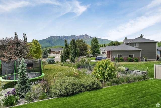 6035 Hidden Valley Rd, Mountain Green, UT 84050 - view of green lawn with a trampoline and a mountain view