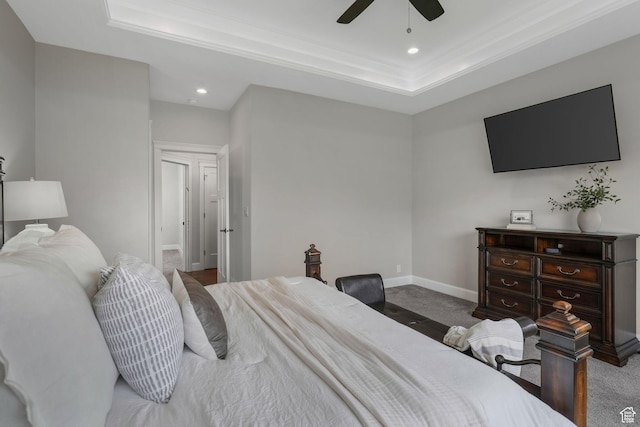 6035 Hidden Valley Rd, Mountain Green, UT 84050 - bedroom featuring a tray ceiling, carpet floors, recessed lighting, baseboards, and ornamental molding