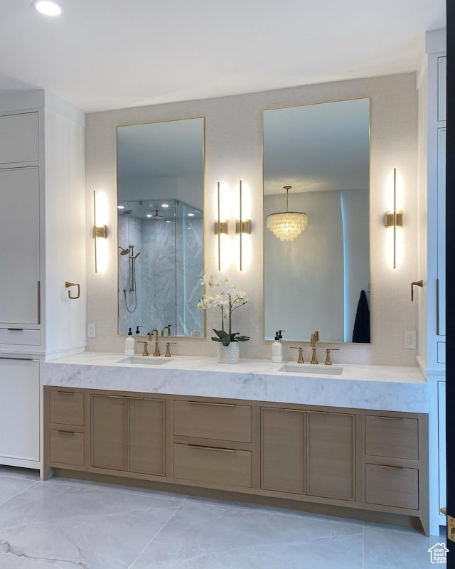 9671 N Belle St Unit 813, Eagle Mountain, UT 84005 - full bathroom featuring a marble finish shower and double vanity
